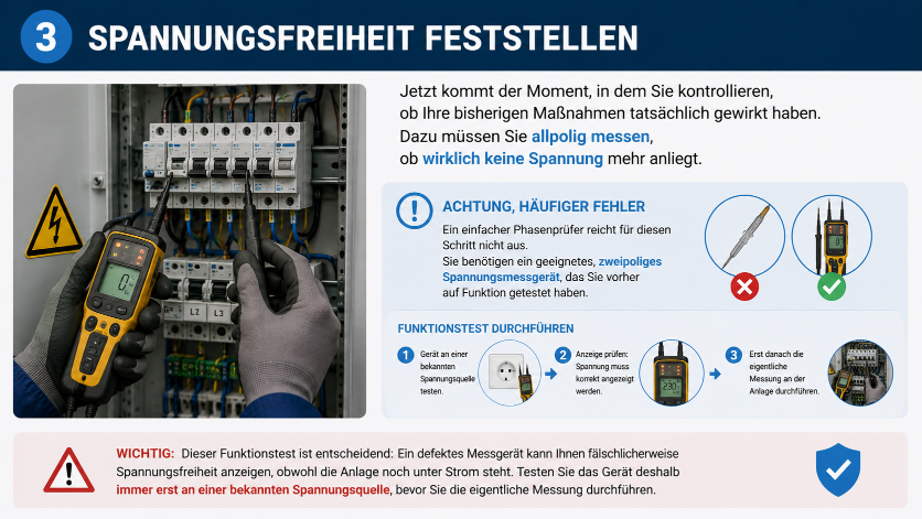 Illustration zeigt das Kontrollieren der Spannungsfreiheit gemäß Sicherheitsregeln der Elektrotechnik.