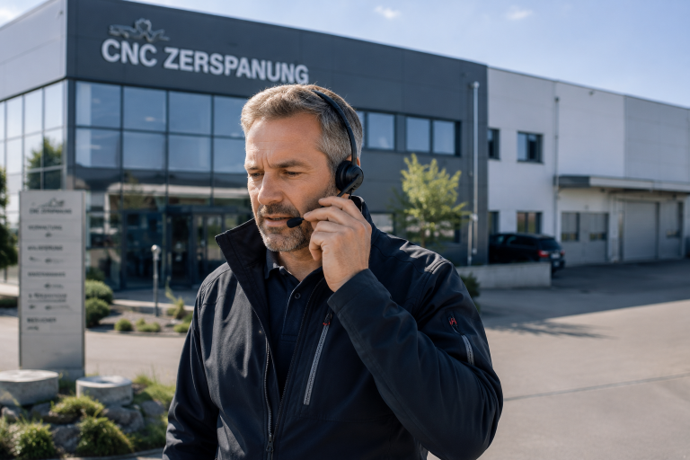 Ein Mitarbeiter führt in der CNC-Zerspanung Kaltakquise am Telefon durch.