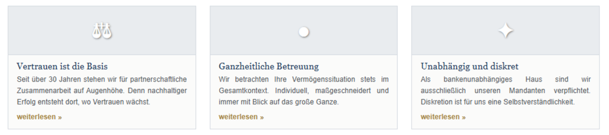 Drei Serviceleistungen für Vermögensverwalter auf einer Webseite hervorgehoben.