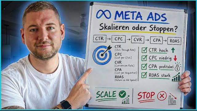Präsentation der entscheidenden Kennzahlen für Meta Ads: CTR, CPC, CVR, CPA und ROAS.