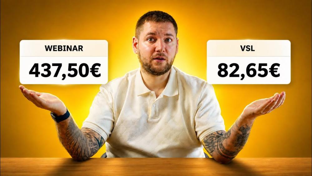 Vergleich der Kosten zwischen Webinar und VSL mit Preisen auf Schildern.
