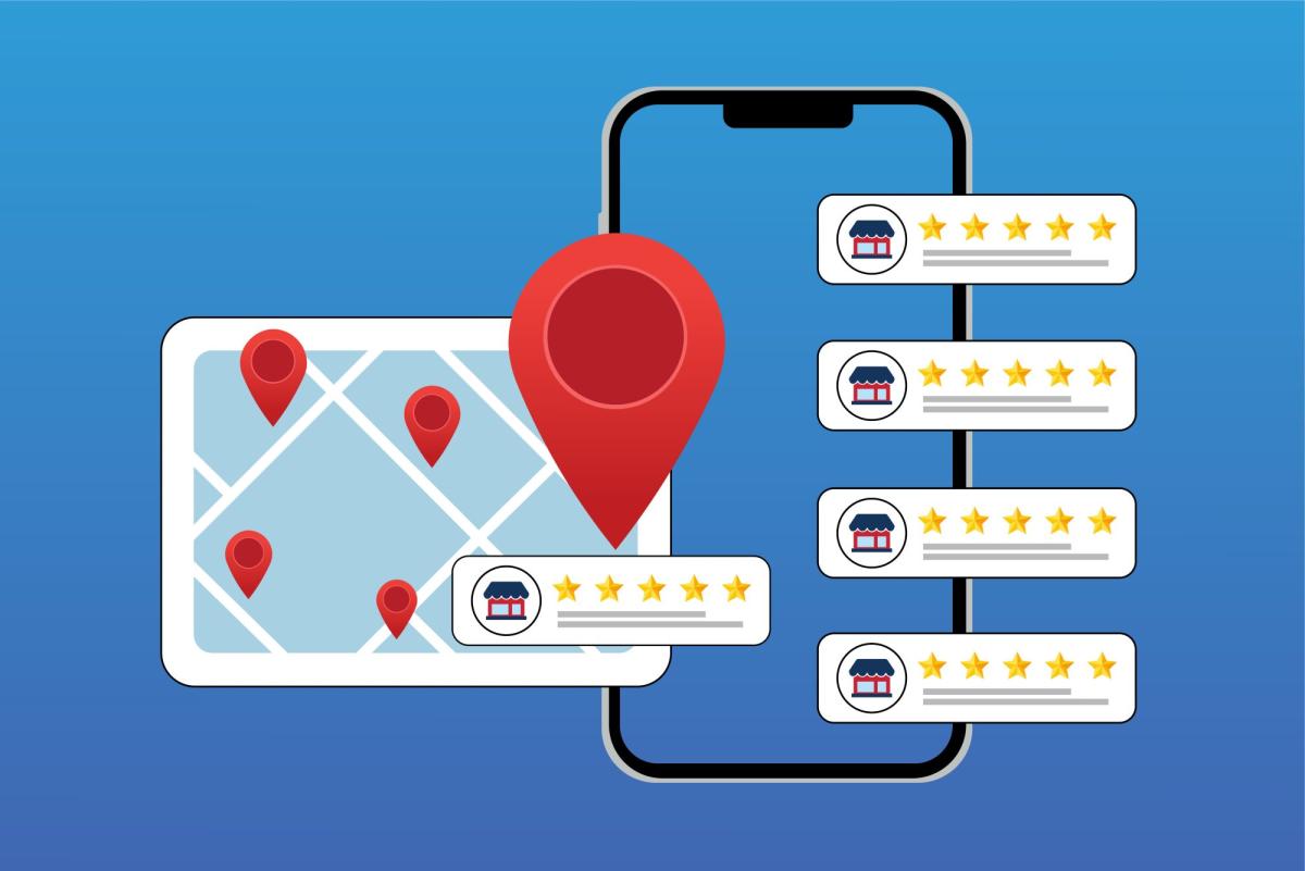 Grafik, die Google Bewertungen auf einem Smartphone und eine Karte zeigt.