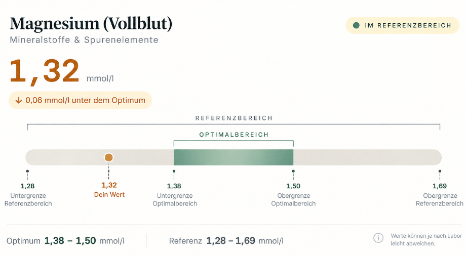 Diagramm zeigt Magnesium-Blutwerte mit Optimalbereich und Referenzbereich.