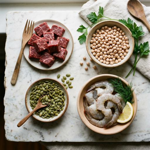 Verschiedene Lebensmittel für die Zink richtige Ernährung wie Fleisch, Hülsenfrüchte und Meeresfrüchte.