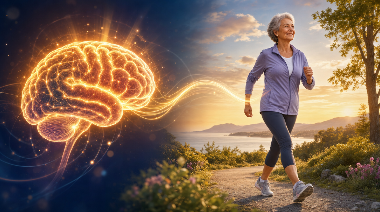 Eine ältere Frau joggt im Freien, während das kreative Bild eines Gehirns ihre mentale Energie symbolisiert.