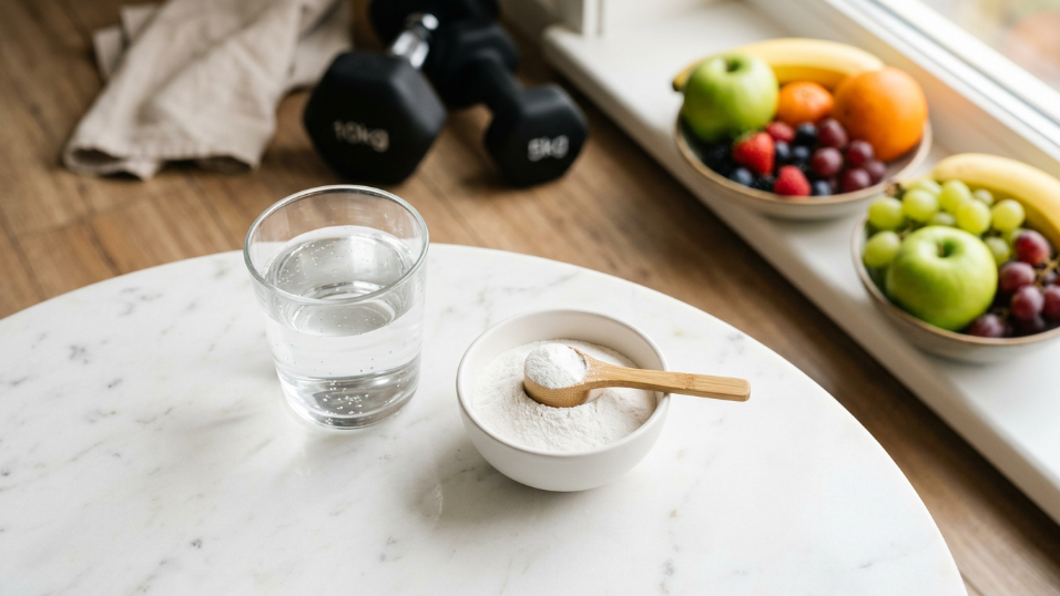 Eine Schale mit Kreatinpulver und Wasser neben frischen Früchten und Gewichten.