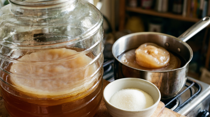 Ein Glasbehälter mit fermentierendem Kombucha und Scoby sowie einer Schüssel Zucker.