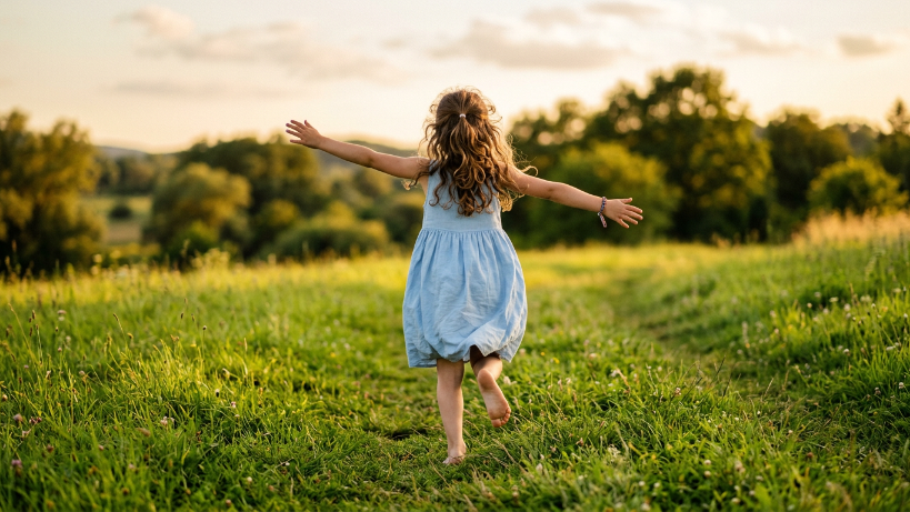 Ein Mädchen läuft mit ausgebreiteten Armen über eine Wiese – ein Bild zum Nährstoffbedarf Kinder im Wachstum.