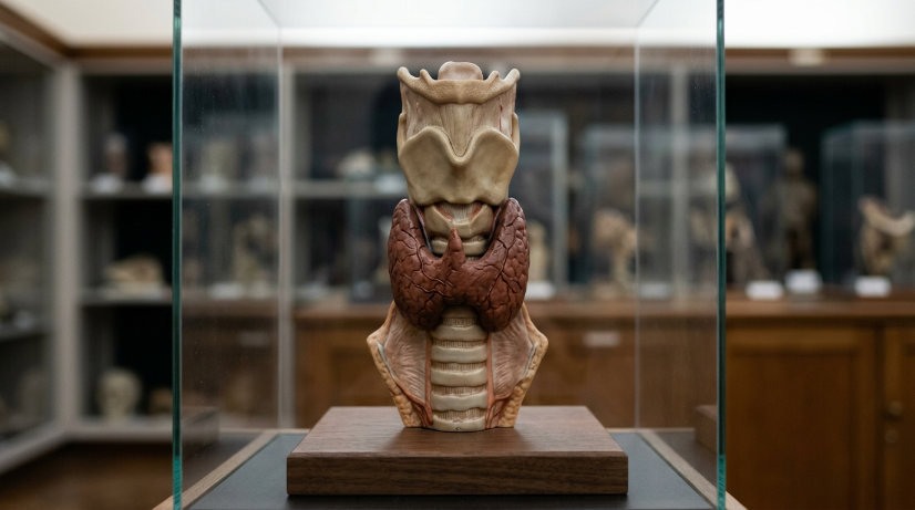 Ein anatomisches Modell der Schilddrüse, das das Schilddrüsenprofil zeigt.