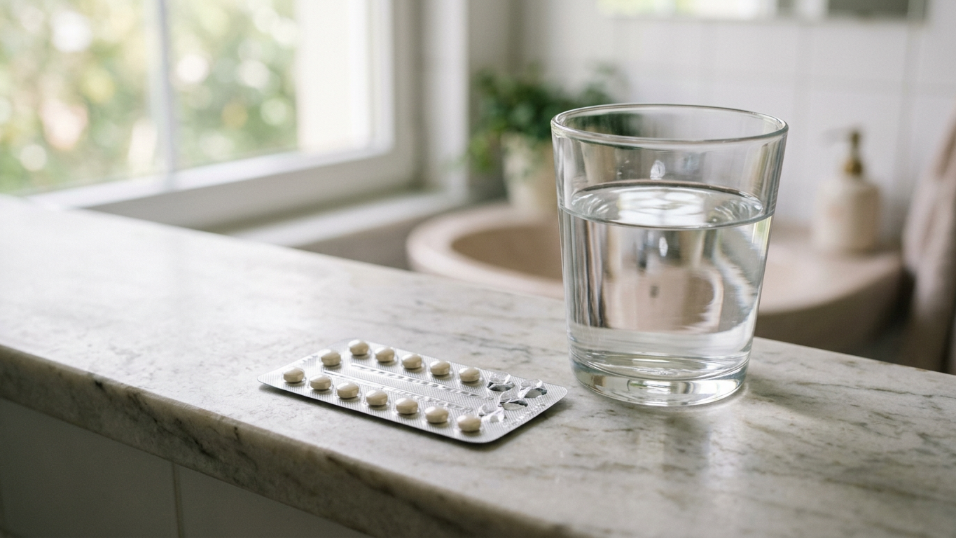 Wasser und eine Pillenpackung auf einer Ablage, symbolisieren Nährstoffe und Pille.