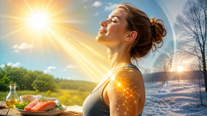 Frau genießt Sonnenlicht zur Vitamin-D-Produktion und gesunde Ernährung.