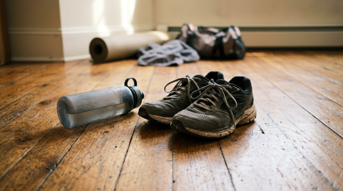 Laufschuhe und Wasserflasche auf dem Boden, wichtig für Bluttest des Sportlers.