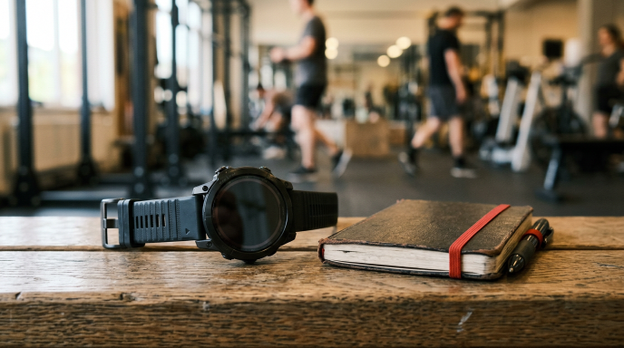Eine Sportuhr und ein Notizbuch auf einer Bank im Fitnessstudio zur Verbesserung des Trainings durch einen Bluttest.