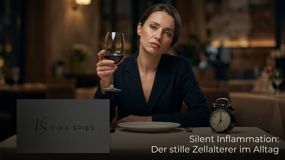 Eine Frau mit Wein in der Hand, die über Silent Inflammation nachdenkt.
