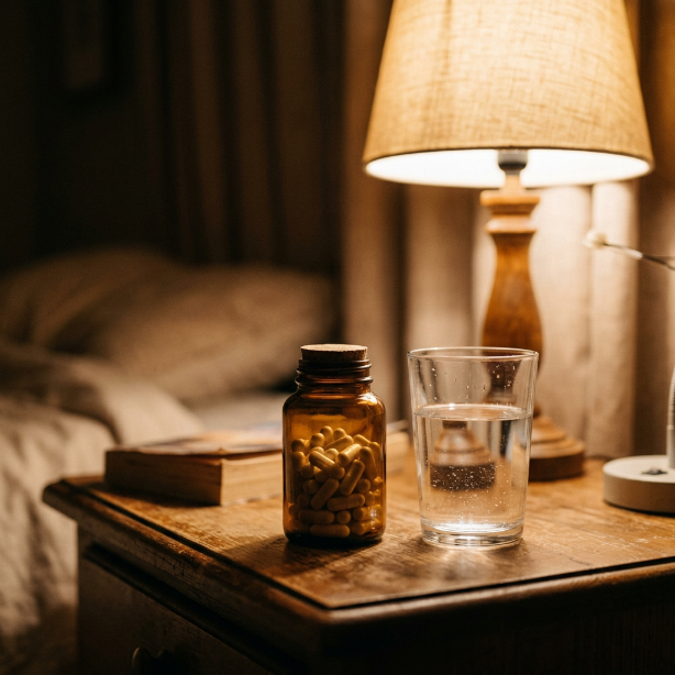 Eine Flasche mit Magnesium Ergänzung und ein Glas Wasser auf einem Nachttisch.