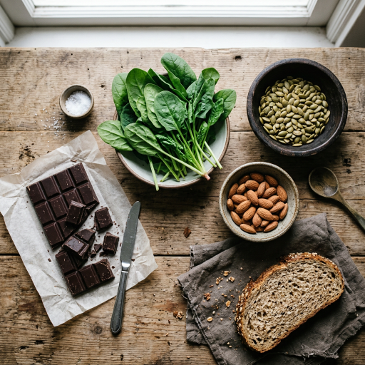 Eine Auswahl an Magnesium Lebensmitteln: Spinat, Nüsse, Schokolade und Brot.