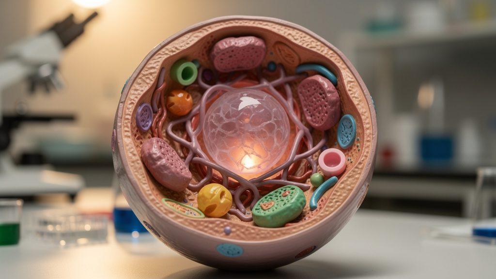 Modell einer Zelle, das die biologischen Prozesse für gesundes Altern veranschaulicht.
