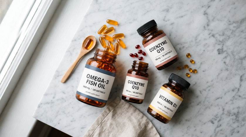 Verschiedene Mikronährstoffe, die für gesundes Altern wichtig sind, einschließlich Omega-3.
