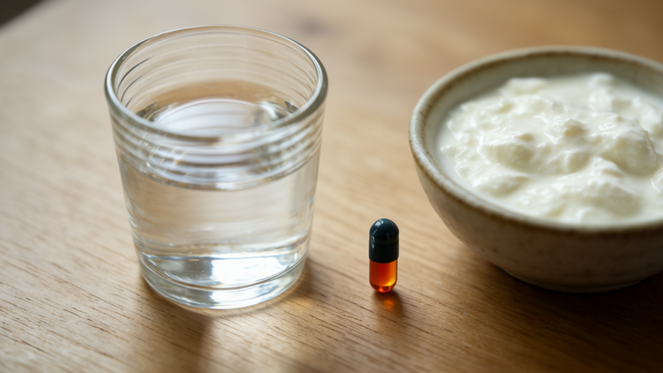 Ein Glas Wasser, eine Kapsel und eine Schüssel Joghurt für die Unterstützung des Darms und Supplements.