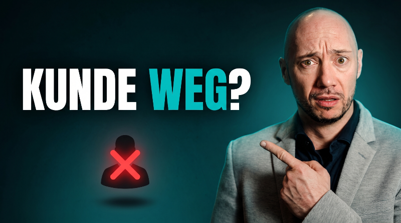 Ein Mann zeigt besorgt auf das Wort Kunde weg, während eine durchgestrichene Figur sichtbar ist.