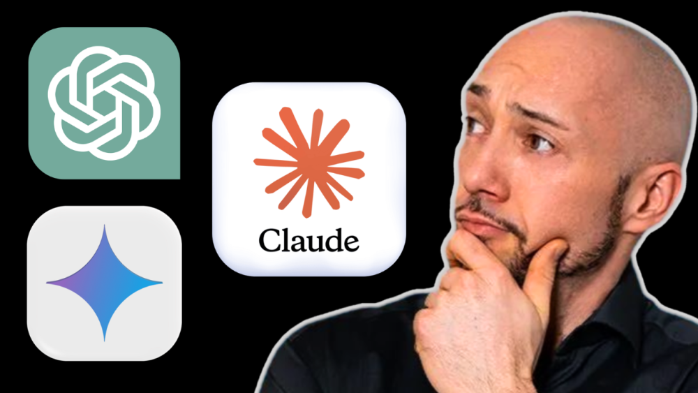Mann denkt über KI-Tools im Unternehmensalltag nach, mit Claude-Logo.