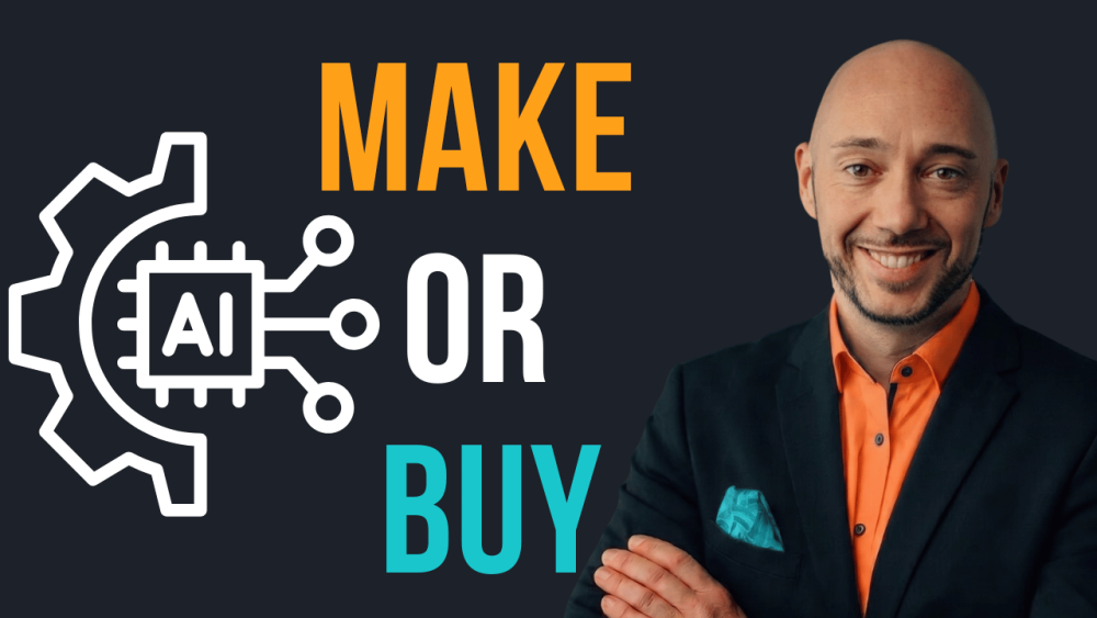 Grafik zu make or buy mit einem Mann und KI-Symbolik im Hintergrund.