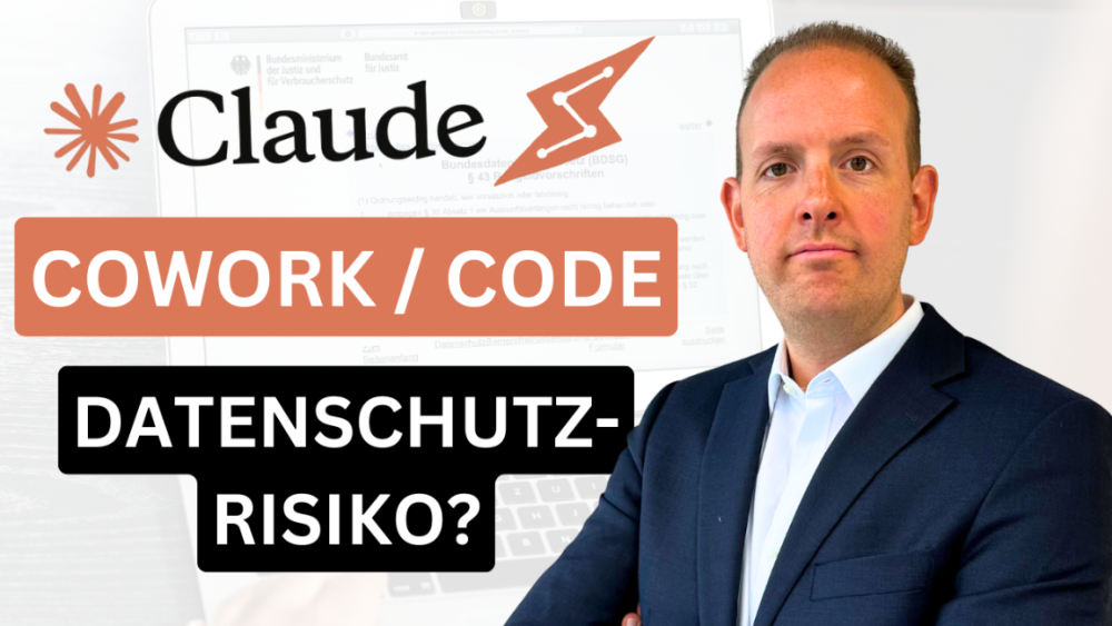 Mann mit Claude Logo und Text zu Datenschutzrisiko bei Cowork/Code.