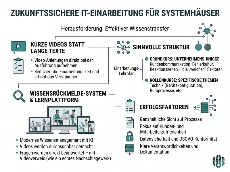 Grafik zur IT-Einarbeitung für Systemhäuser, die kurze Videos und sinnvolle Strukturen empfiehlt.