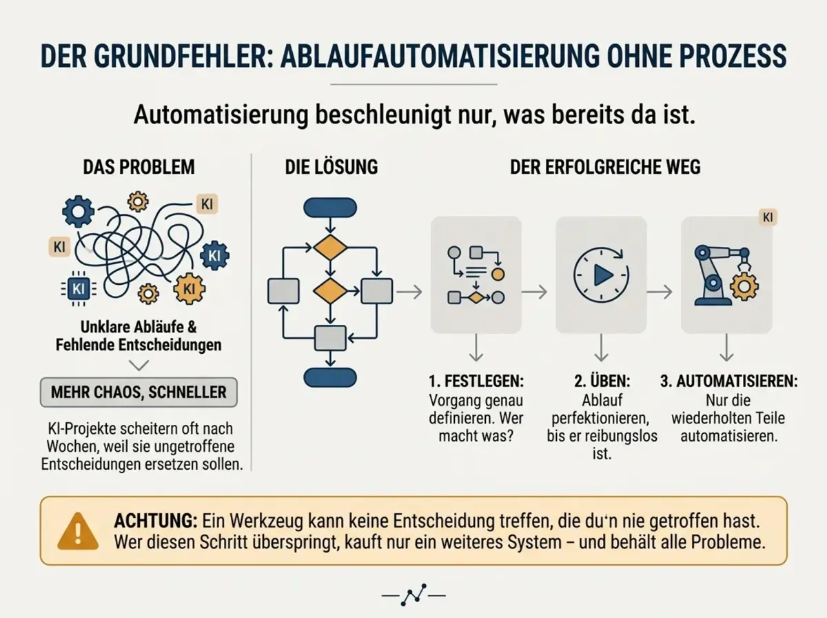 Infografik zur Ablaufautomatisierung ohne Prozess, die die Schritte und Probleme veranschaulicht.