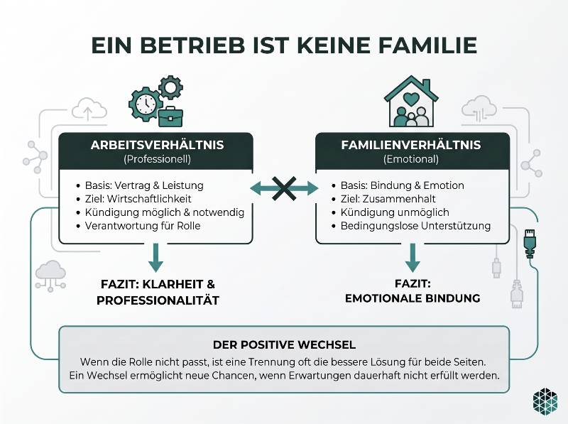 Grafik zeigt Unterschiede zwischen Arbeitsverhältnis und Familienverhältnis im Betrieb.