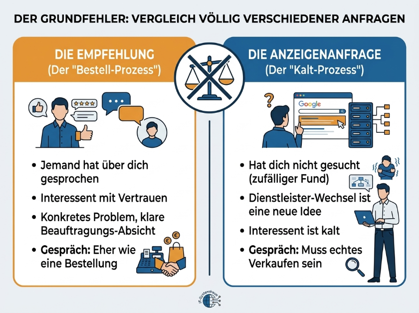 Vergleich zwischen Empfehlungs- und Anzeigenanfragen zur schlechten Leadqualität.