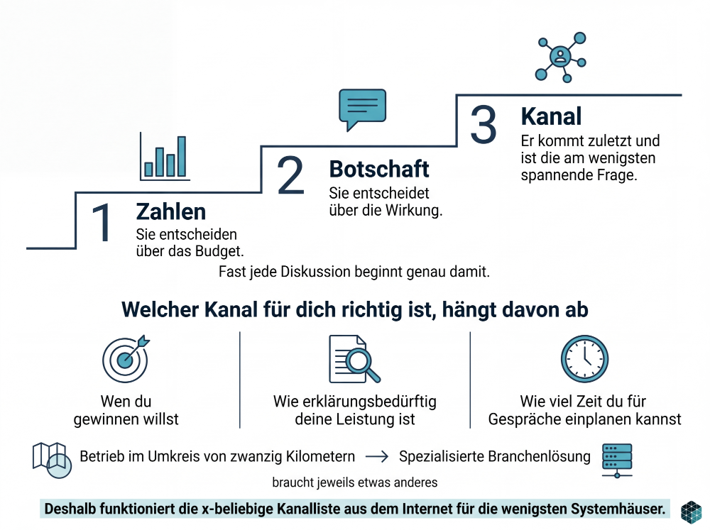 Infografik zu Marketing für IT-Systemhäuser mit Fokus auf Kanalwahl und Budget.