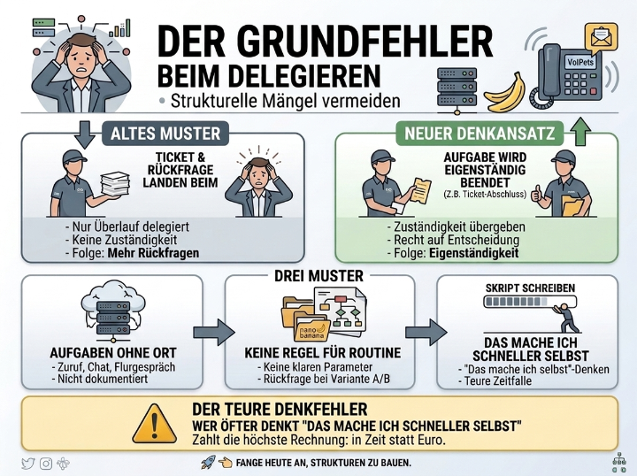 Infografik zur Vermeidung struktureller Mängel bei delegierten Aufgaben.