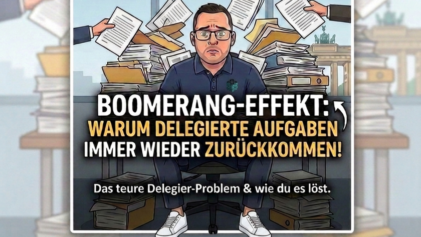 Ein Mann sitzt am Schreibtisch, umgeben von Bergen von Papier, während er über delegierte Aufgaben nachdenkt.