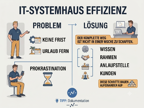 Infografik, die zeigt, wie IT-Systemhäuser effizienter werden können. Thema: IT-Systemhaus Effizienz.