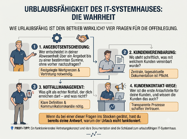 Infografik zur Urlaubsfähigkeit des IT-Systemhauses mit vier Fragen zur Offenlegung.