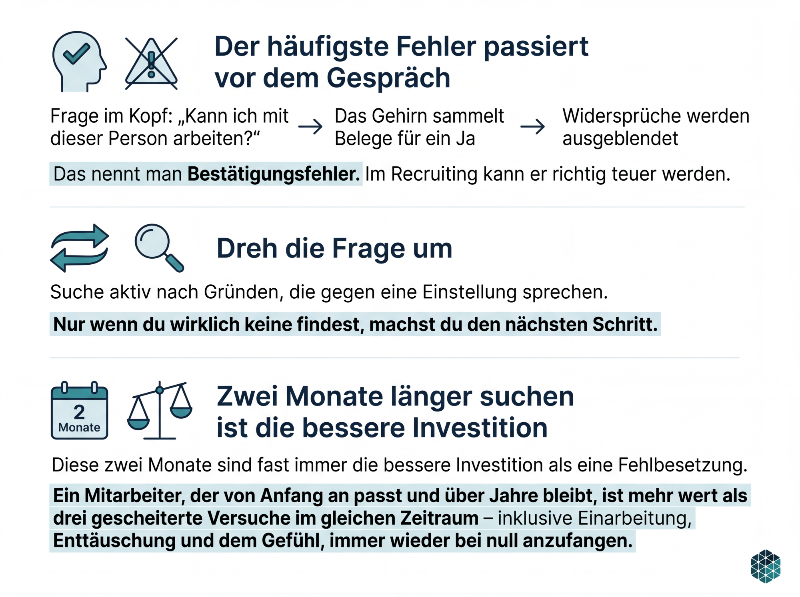 Grafik zeigt häufige Fehler bei der Personalauswahl und wichtige Hinweise zum Nachfragen.