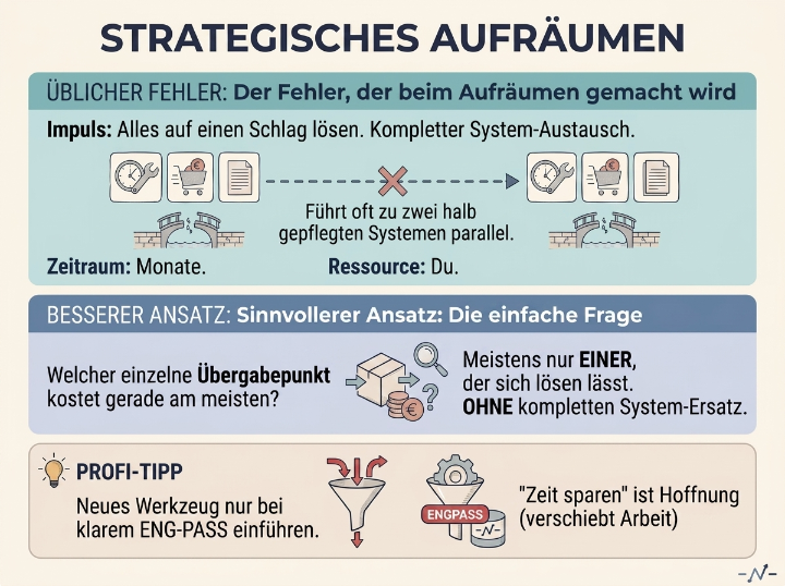 Grafik zum strategischen Aufräumen in der IT mit Tipps zur Datenpflege.