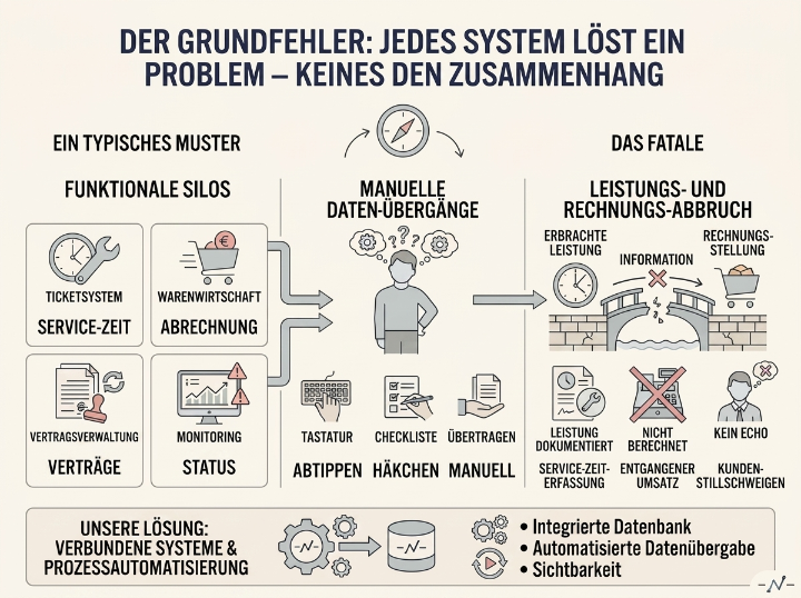 Illustration zum Thema Medienbruch in IT-Systemhäusern zeigt Probleme bei Datenübertragungen.
