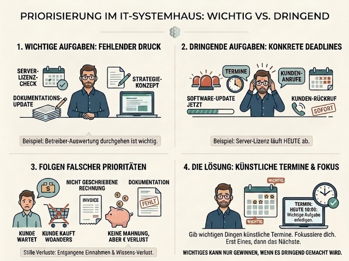 Grafik zur Priorisierung im IT-Systemhaus: Unterschiede zwischen wichtig und dringend.