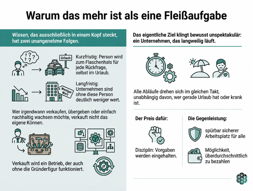 Infografik zur Einarbeitung im IT-Systemhaus und der Bedeutung von Dokumentation.