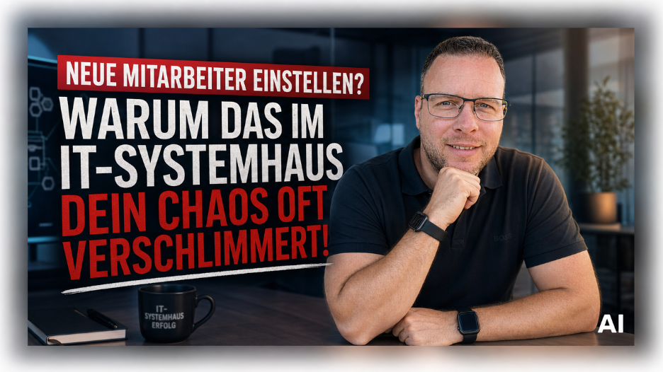 Mitarbeiter einstellen: Ein Mann sitzt nachdenklich an einem Schreibtisch vor einer IT-Systemhaus-Kulisse.