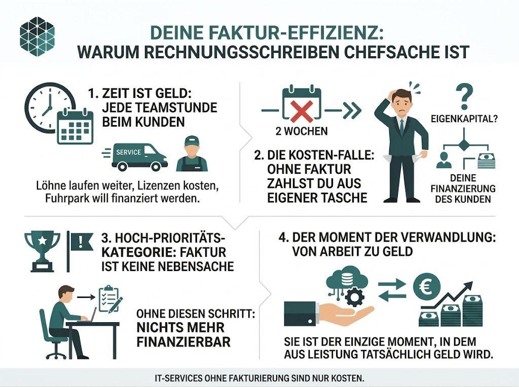 Infografik zur Fakturierung im IT-Systemhaus und dessen Effizienz beim Rechnungsstellen.