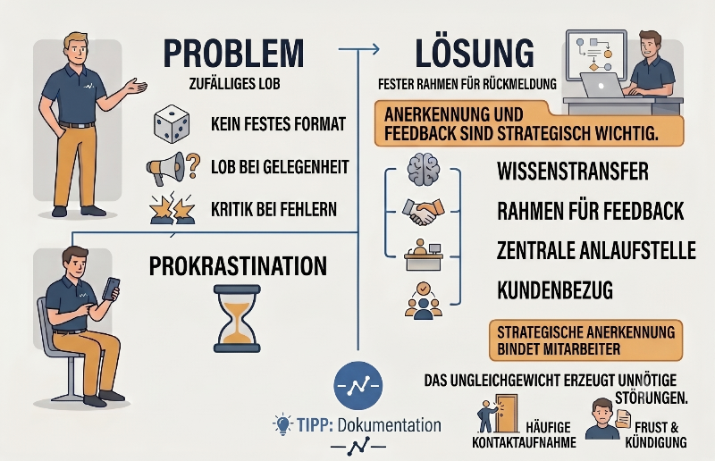 Infografik zeigt das Problem und Lösungsansätze zur Feedback und Rückmeldung im Arbeitsplatz.