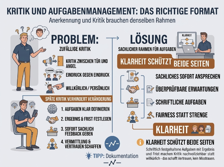Infografik zu Kritik und Aufgabenmanagement: Klarheit schützt beide Seiten.