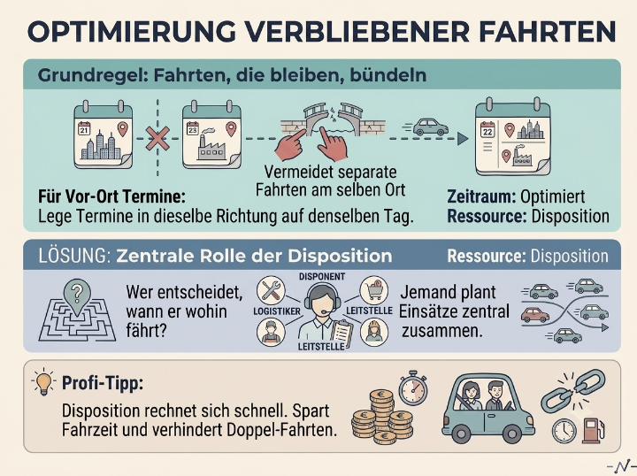Grafik zur Optimierung verbliebener Fahrten im Systemhaus, zeigt zentrale Rolle der Disposition.