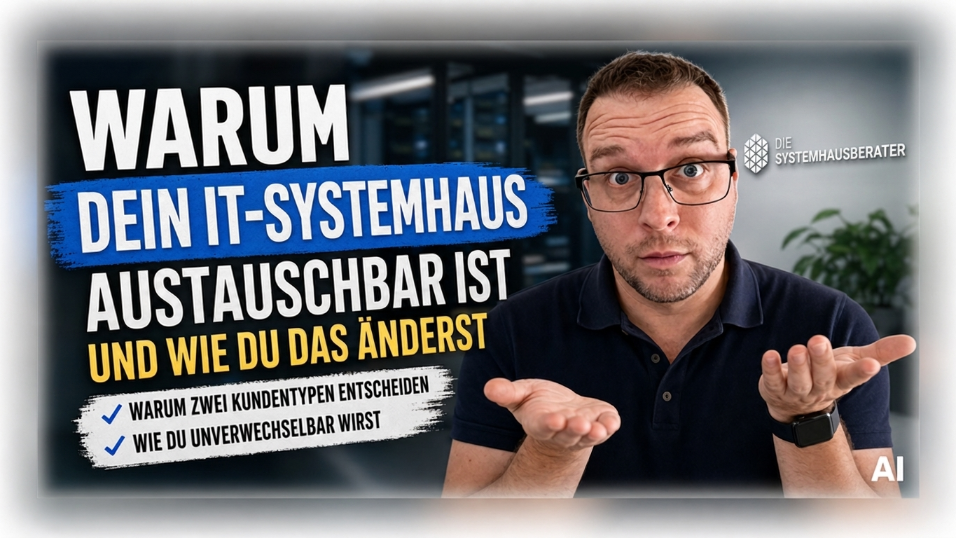 Der Sprecher erklärt, warum ein IT-Systemhaus austauschbar ist und wie man das ändert.