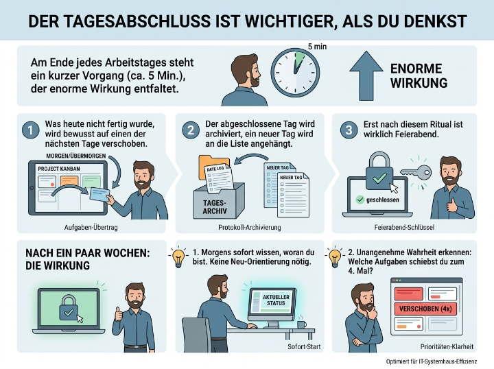 Grafik über die Bedeutung des Tagesabschlusses für effektive Aufgabenorganisation.