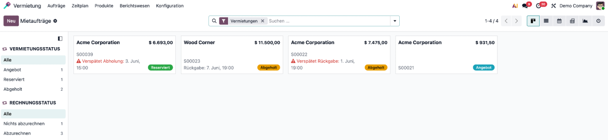 Wenn du die App öffnest, siehst du sofort das Dashboard mit allen laufenden Mietaufträgen