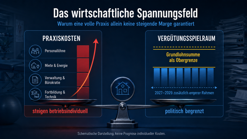 Grafik zum GKV-Beitragssatzstabilisierungsgesetz, die wirtschaftliches Spannungsfeld zeigt.